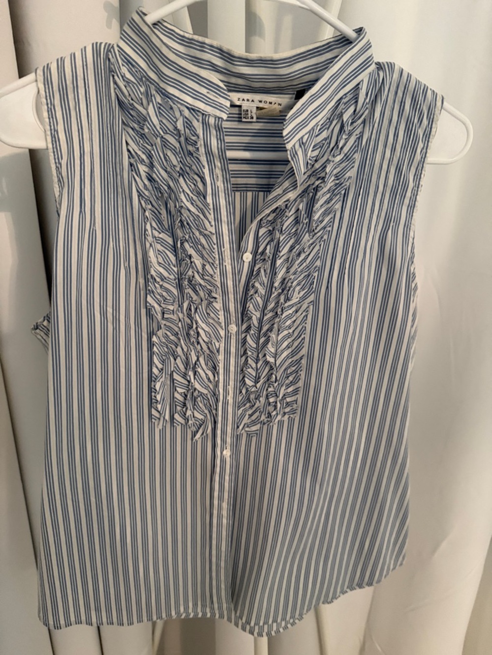 Zara White and Blue Striped Ruffle Front Sleeveless Blouse